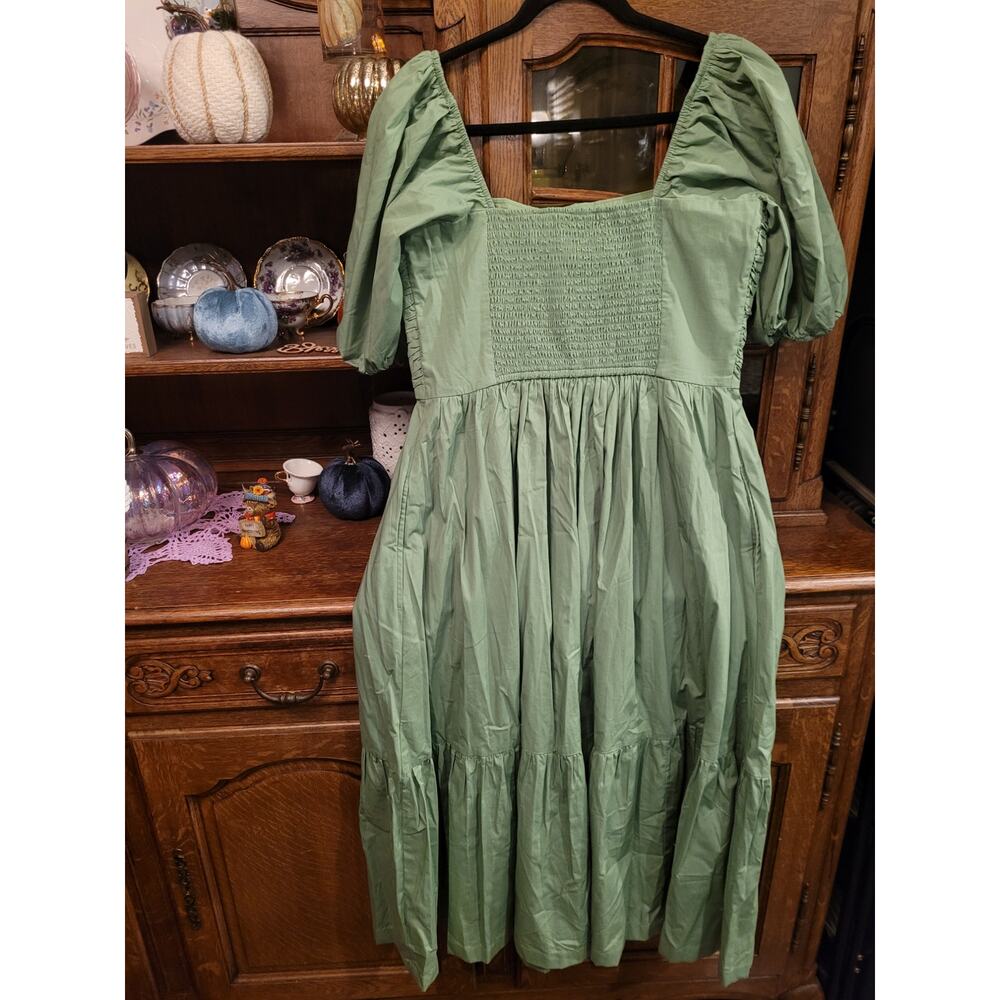 Abercrombie Emerson Poplin Puff Sleeve Midi Dress Green L Cottagecore - Picture 5 of 7